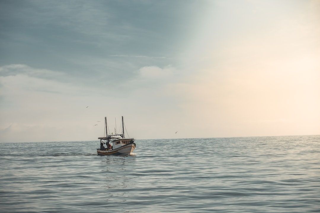 Kleine boot op kalm open water onder een lichte avondlucht