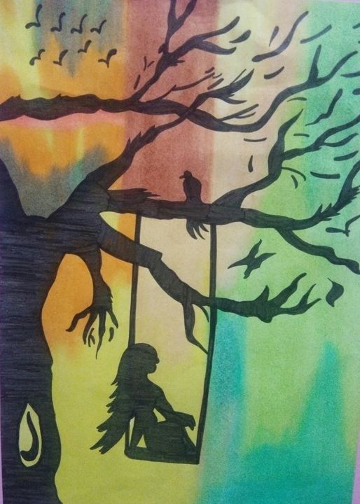 Kindertekening van een silhouet op een schommel tussen boomtakken en vogels