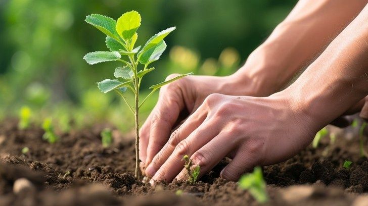 Handen planten een jonge boom in donkere aarde