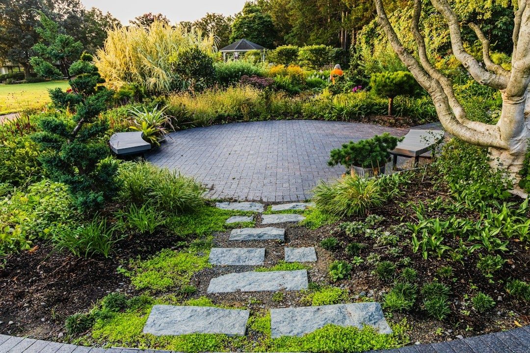 Rustige tuin met stapstenen, zitbanken en weelderige beplanting